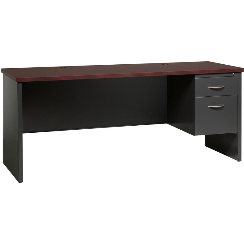 Lorell Fortress Modular Series Right-pedestal Credenza - 72" x 24" , 1.1" Top - 2 x Box, File Drawer(s) - Single Pedestal on Right Side - Material: Steel - Finish: Mahogany Laminate, Charcoal - Scratc