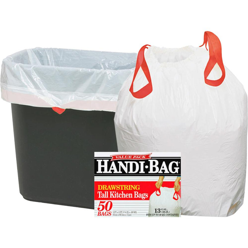 Berry Handi-Bag Drawstring Tall Kitchen Bags - Small Size - 13 gal Capacity - 24  Width x 27  Length - 0.69 mil (18 Micron) Thickness - Drawstring Closure - White - Resin - 6/Carton - 50 Per Box - Kit