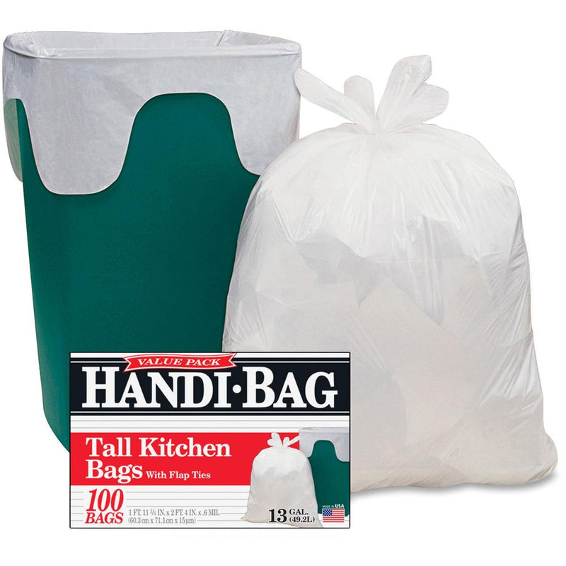 Berry Handi-Bag Flap Tie Tall Kitchen Bags - Small Size - 13 gal Capacity - 23.50  Width x 29  Length - 0.60 mil (15 Micron) Thickness - White - Hexene Resin - 6/Carton - 100 Per Box - Home, Office, K