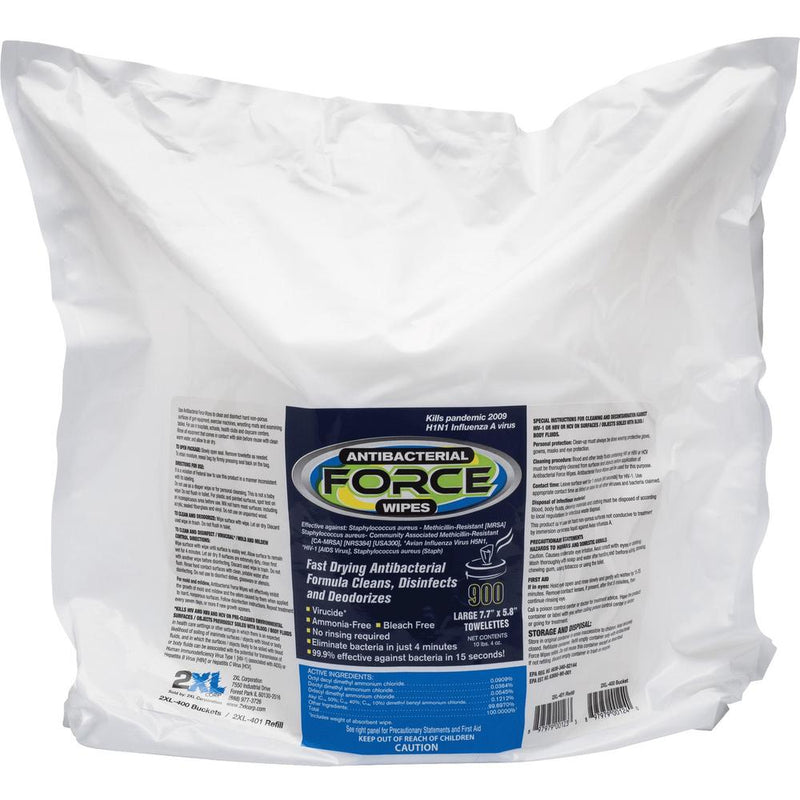 2XL Antibacterial Force Wipes Bucket Refill - 6  x 8  - White - Anti-bacterial, Absorbent, Disposable, Disinfectant, Hygienic, Soft, Durable, Non-irritating, Non-toxic, Non-abrasive - 900 Per Bag - 1