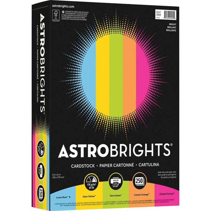 Astrobrights Color Card Stock - 5 Assorted Colours - 8 1/2  x 11  - 250 / Pack - High-impact, Durable, Printable, Acid-free, Lignin-free - Lunar Blue, Solar Yellow, Terra Green, Cosmic Orange, Firebal