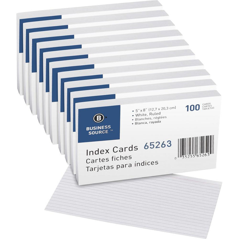 Business Source Ruled Index Cards - Front Ruling Surface - Ruled - 72 lb Basis Weight - 8  x 5  - White Paper - 500 / Box