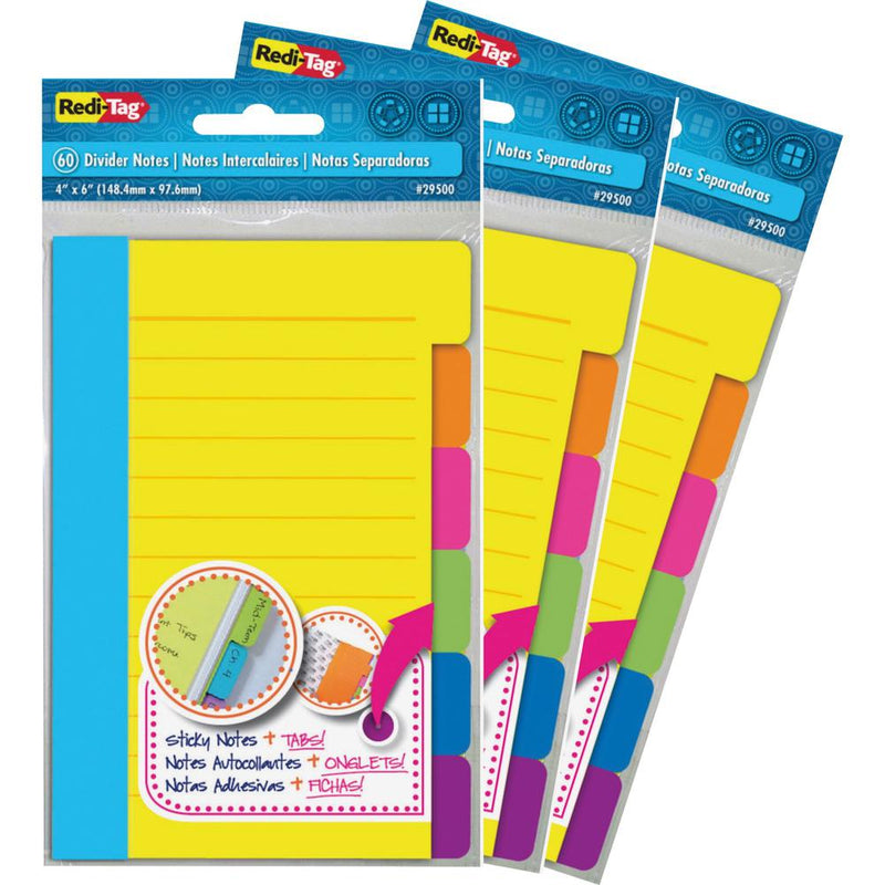 Redi-Tag Assorted Tab Ruled Sticky Notes - 10 x Blue, 10 x Green, 10 x Orange, 10 x Pink, 10 x Purple, 10 x Yellow - 4  x 6  - Rectangle - 60 Sheets per Pad - Ruled - Multicolor - Paper - Self-adhesiv