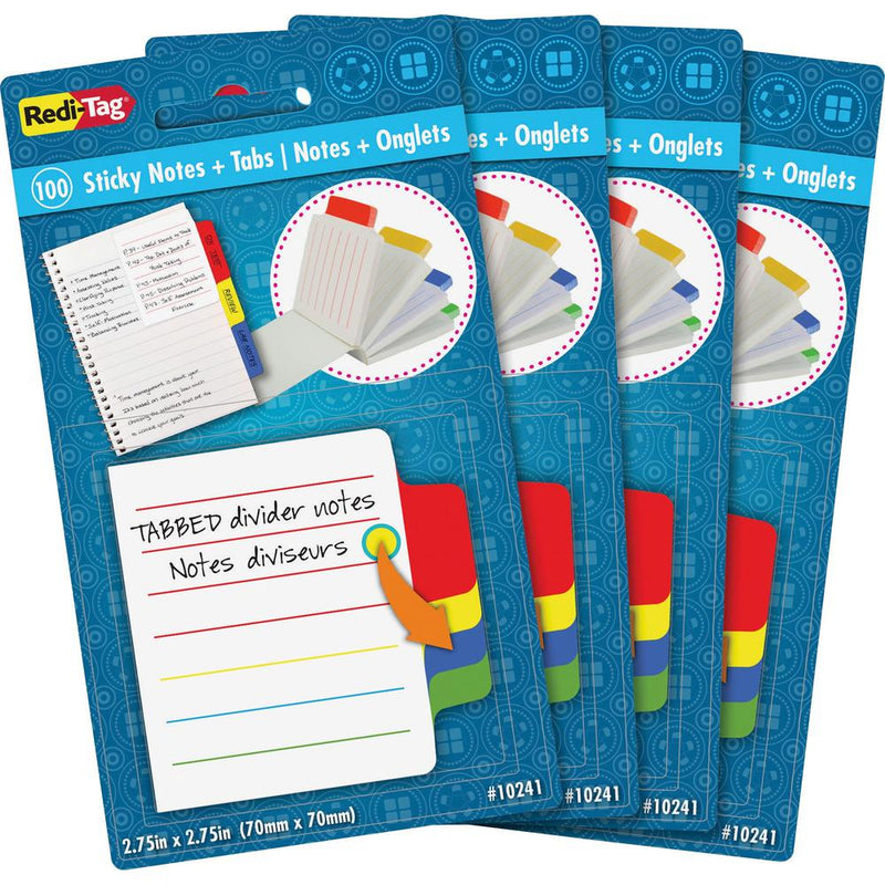 Redi-Tag Tabbed Divider Notes - 4  x 4  - Square - Ruled - Multicolor - Tab, Self-stick - 4 / Box