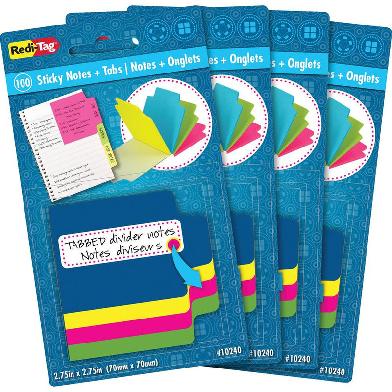 Redi-Tag Tabbed Divider Notes - 4  x 4  - Square - Unruled - Assorted - Tab, Self-stick - 4 / Box