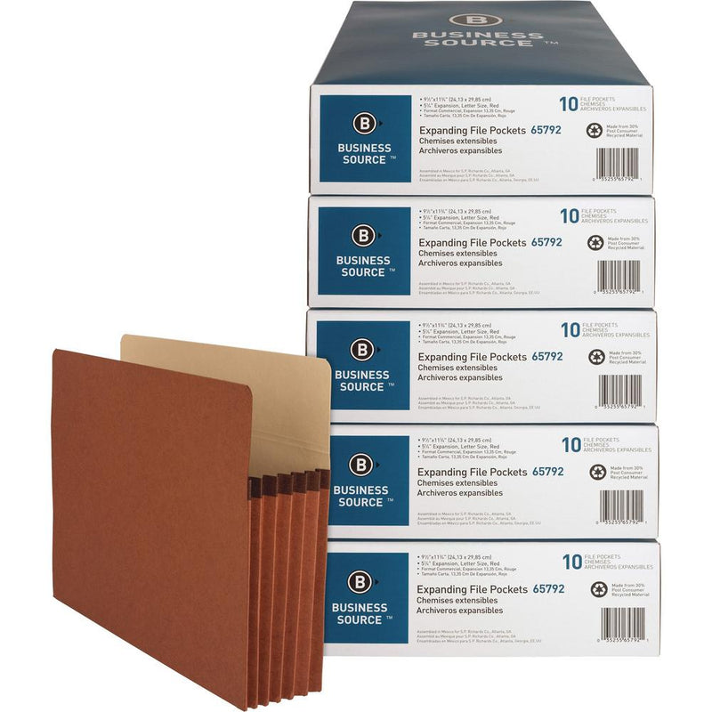 Business Source Letter Recycled File Pocket - 8 1/2  x 11  - 1200 Sheet Capacity - 5 1/4  Expansion - Redrope - 30% Recycled - 50 / Carton