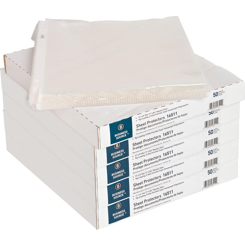 Business Source Sheet Protectors - For Letter 8 1/2  x 11  Sheet - 3 x Holes - Ring Binder - Top Loading - Rectangular - Clear - Polypropylene - 250 / Carton