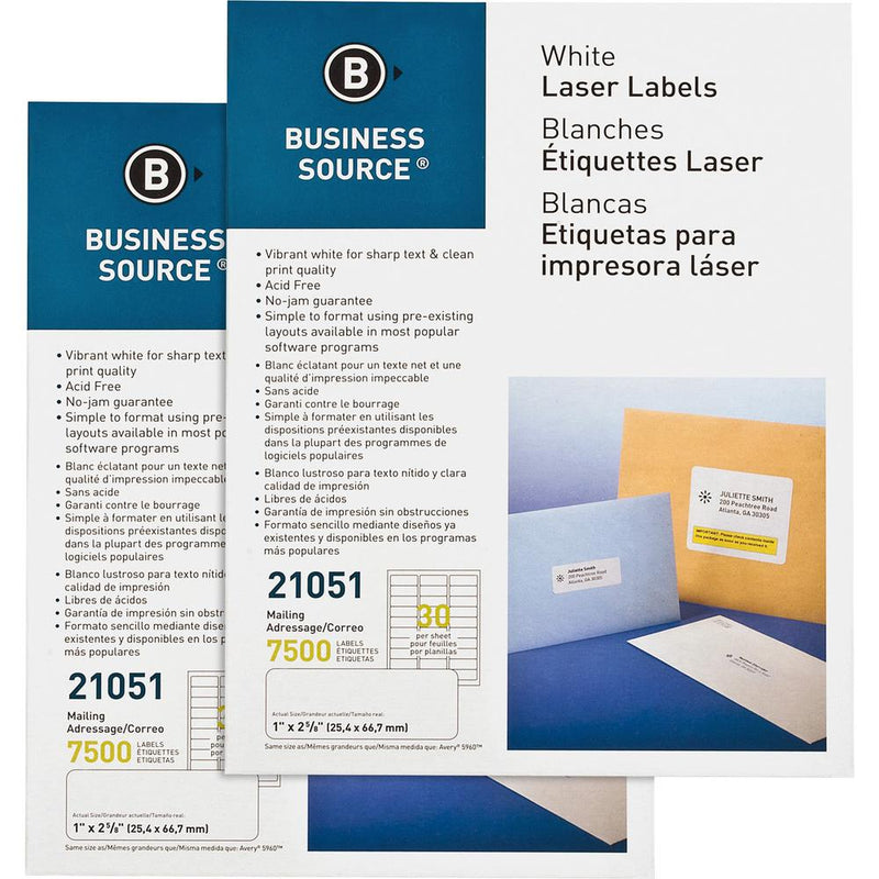 Business Source Bright White Premium-quality Address Labels - 1  Width x 2 5/8  Length - Permanent Adhesive - Rectangle - Laser, Inkjet - White - 30 / Sheet - 250 Total Sheets - 15000 / Carton - Jam-f