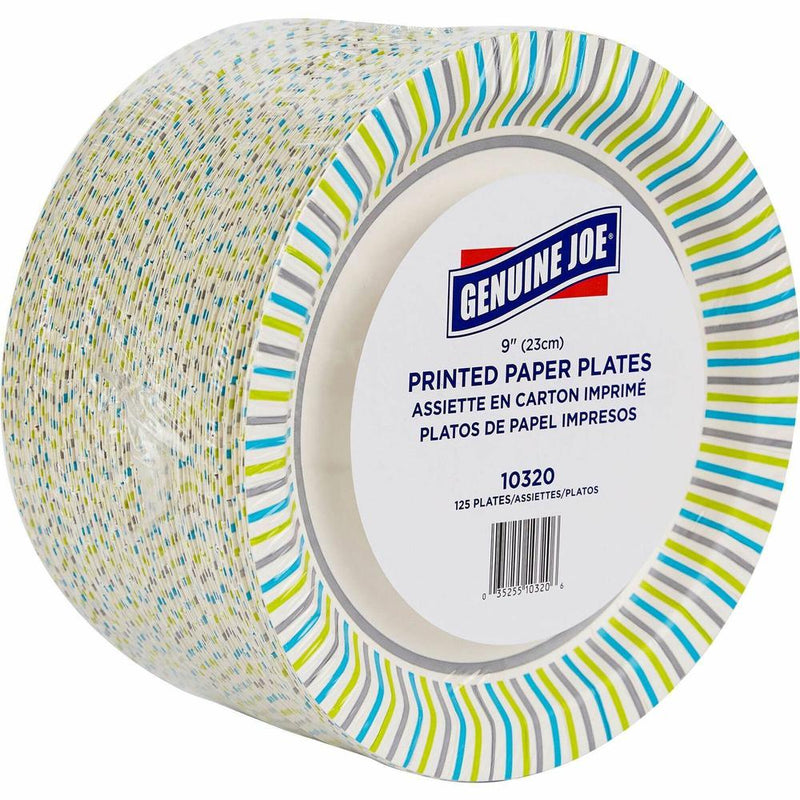 Genuine Joe 9  Printed Paper Plates - Disposable - 9  Diameter - Assorted - 125 / Pack