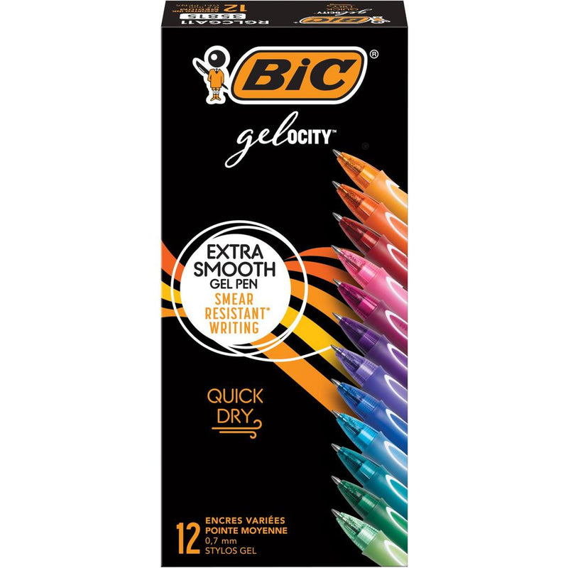 BIC Gel-ocity Gel Pen - Medium Pen Point - 0.7 mm Pen Point Size - Retractable - Assorted Gel-based Ink - 12 Pack