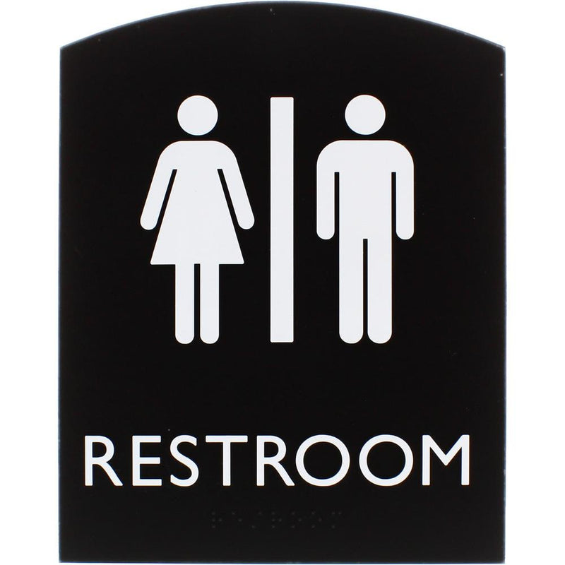 Lorell Arched Unisex Restroom Sign - 1 Each - 6.8" Width x 8.5" Height - Rectangular Shape - Surface-mountable - Easy Readability, Braille - Plastic - Black