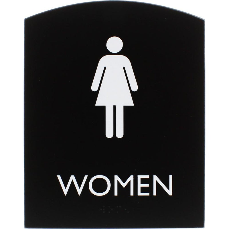 Lorell Arched Women's Restroom Sign - 1 Each - Women Print/Message - 6.8" Width x 8.5" Height - Rectangular Shape - Surface-mountable - Easy Readability, Braille - Plastic - Black