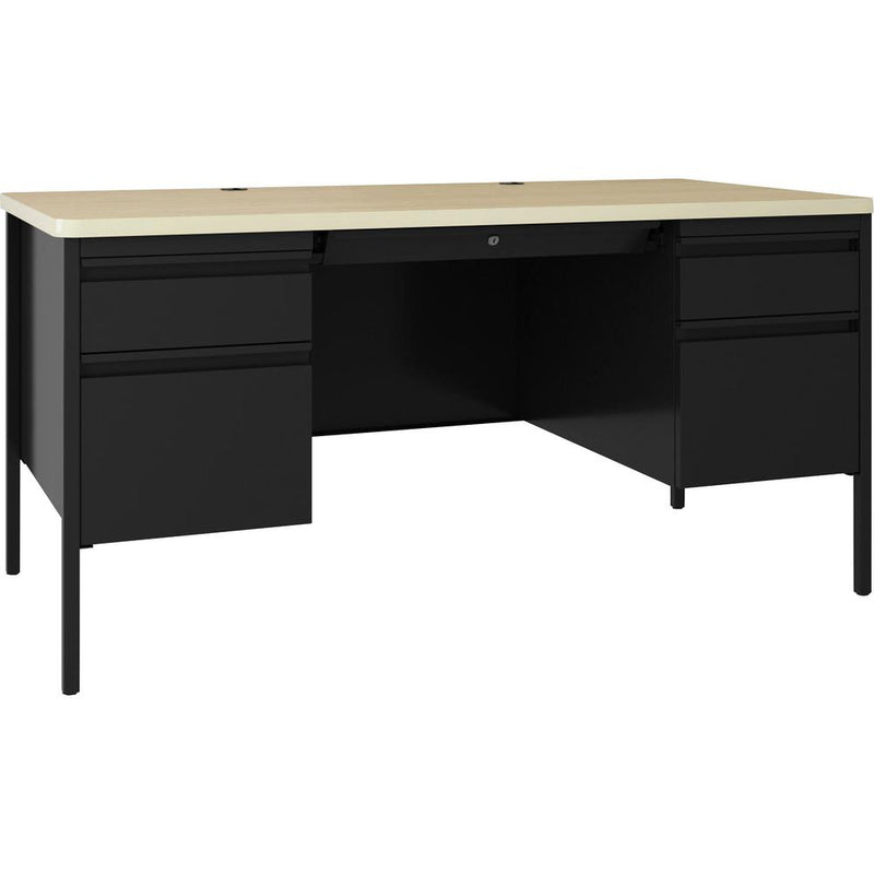 Lorell Fortress Series Double-Pedestal Teachers Desk - 60" x 29.5"30" , 0.8" Modesty Panel - Double Pedestal - T-mold Edge - Material: Steel - Finish: Maple, Black