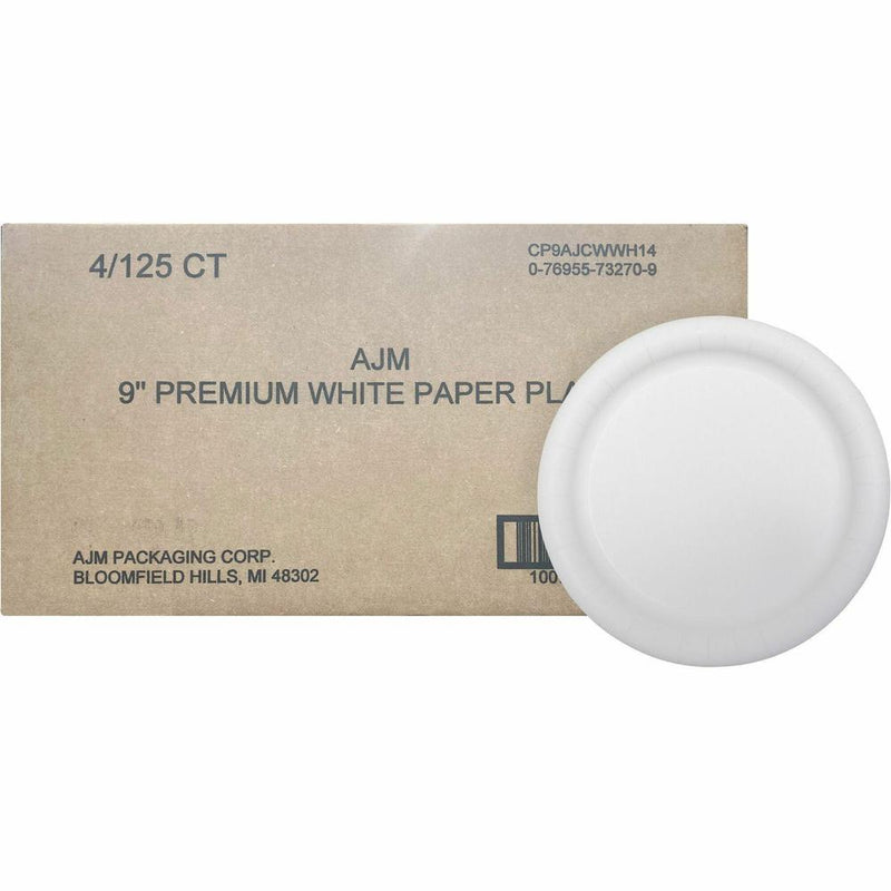 AJM 9  Dinnerware Paper Plates - Disposable - 9  Diameter - White - Paper Body - 125 / Pack