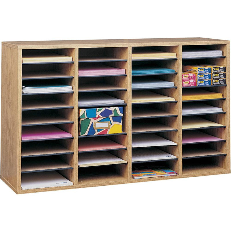 Safco Adjustable Shelves Literature Organizers - 36 Compartment(s) - Compartment Size 2.50" x 9" x 11.50" - 24" Height x 39.4" Width x 11.8" Depth - Medium Oak - Wood - 1 Each