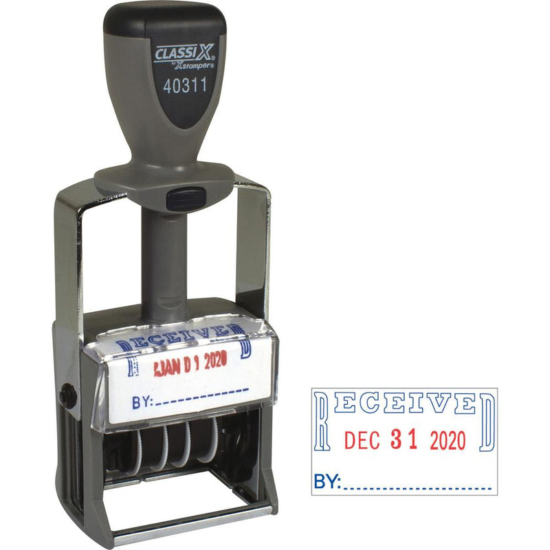 Xstamper Heavy-duty RECEIVED Self-Ink Dater - Message/Date Stamp -  RECEIVED  - Red, Blue - Metal, Plastic Metal - 1 Each