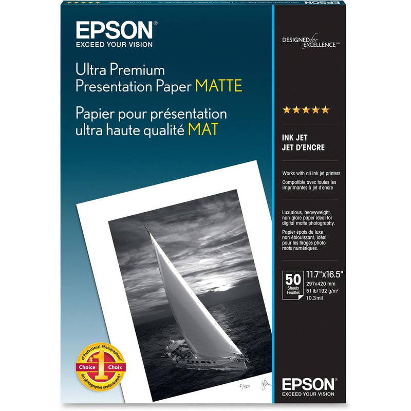 Epson Ultra Premium Matte Presentation Paper - 104 Brightness - 94% Opacity - A3 - 11 45/64  x 16 1/2  - Matte - 50 / Pack - White