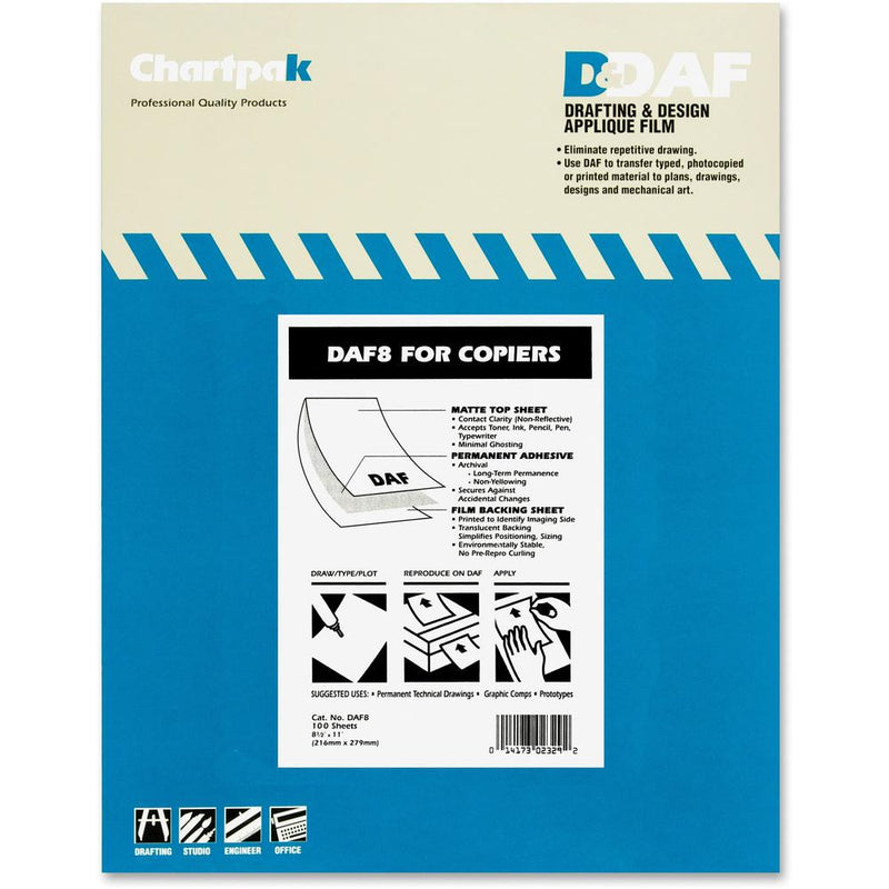 Chartpak 1.5 mil Applique Drafting Film - 100 Sheets - Letter - 8.50  x 11  - Clear - Self-adhesive - For Printer - 100 / Box