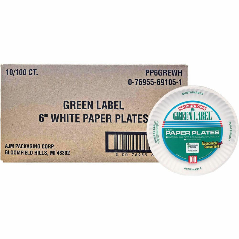 AJM 6  Green Label Economy Paper Plates - 100 / Bag - Microwave Safe - 6  Diameter - White - Paper Body - 10 / Carton