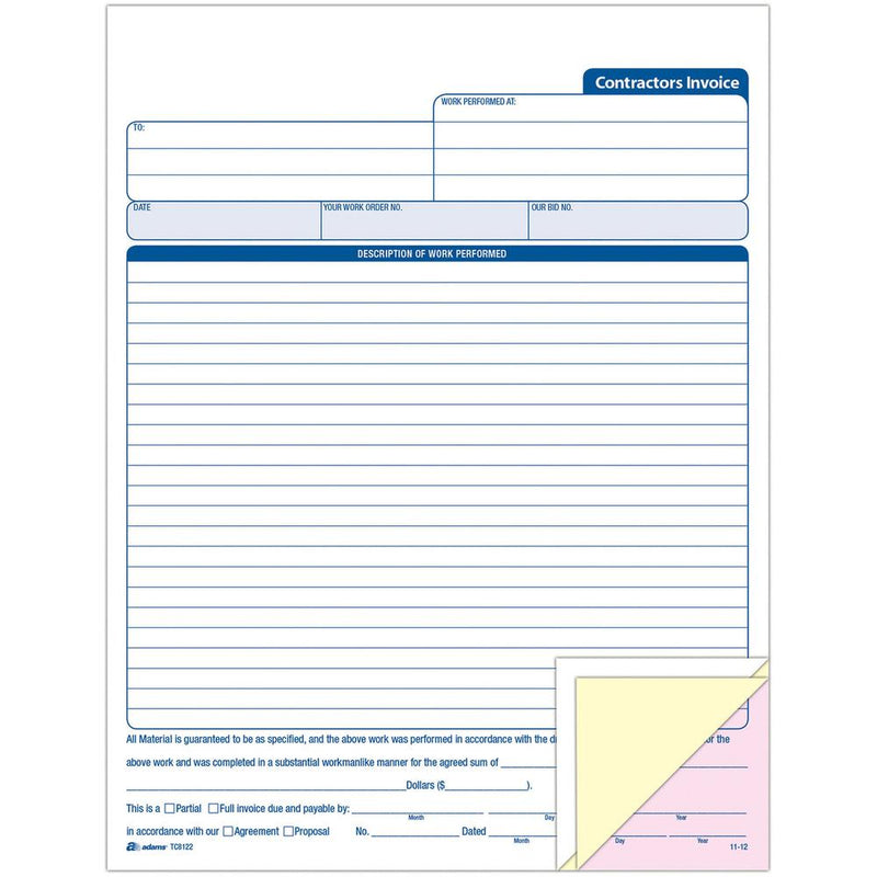 Adams Contractor's Invoice Book - 50 Sheet(s) - 3 PartCarbonless Copy - 8.37  x 11  Sheet Size - White - 1 Each