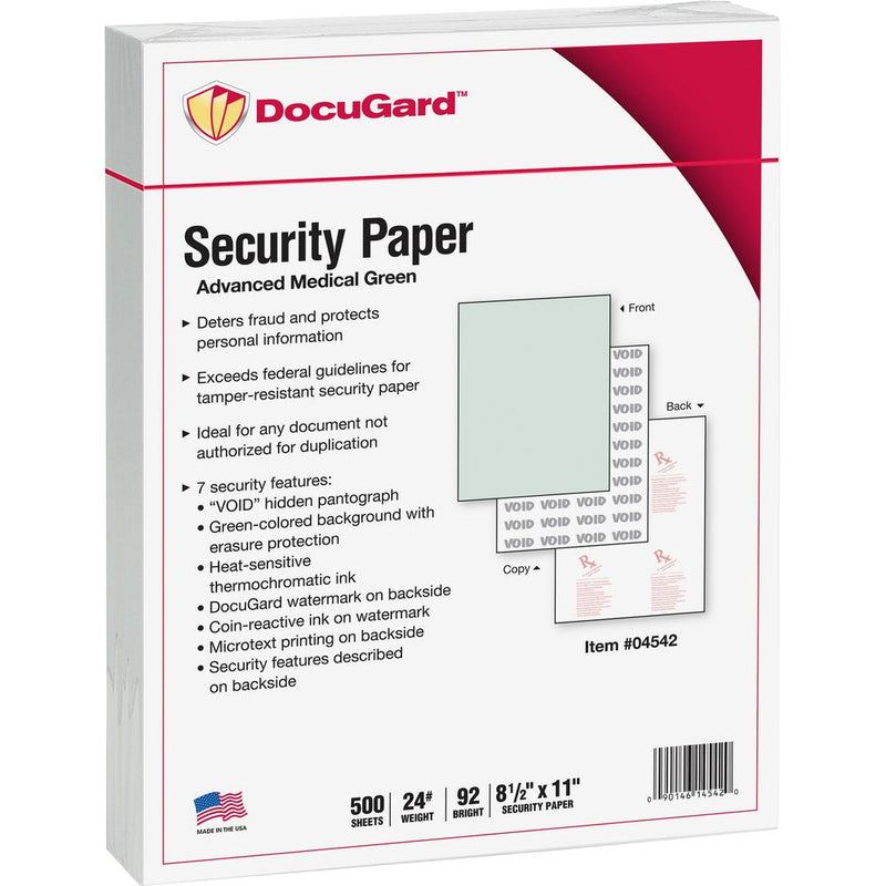 DocuGard Advanced Medical Security Paper - Letter - 8 1/2  x 11  - 24 lb Basis Weight - 500 / Ream - Tamper Resistant, Erasure Protection, Watermarked, CMS Approved - Green