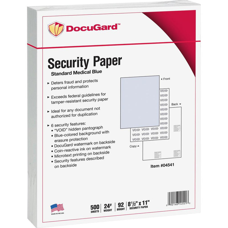 DocuGard Standard Medical Security Paper - Letter - 8 1/2  x 11  - 24 lb Basis Weight - 500 / Ream - Tamper Resistant, CMS Approved - Blue