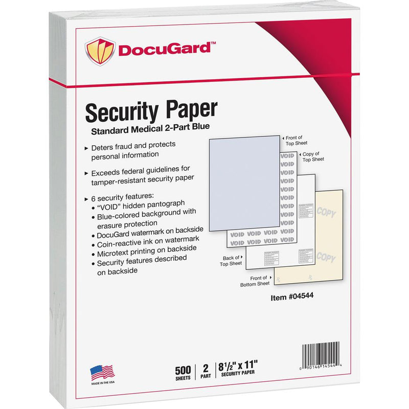 DocuGard Standard 2-part Medical Security Paper - Letter - 8 1/2  x 11  - 24 lb Basis Weight - 250 / Pack - Tamper Resistant, Pantograph, Erasure Protection, Watermarked, Security Features Listing, Co