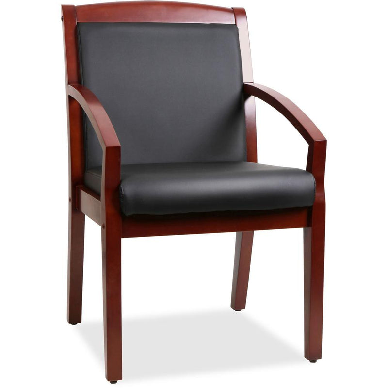 Lorell Sloping Arms Wood Frame Guest Chair - Black Bonded Leather Seat - Black Bonded Leather Back - Cherry Wood Frame - Four-legged Base - 1 Each