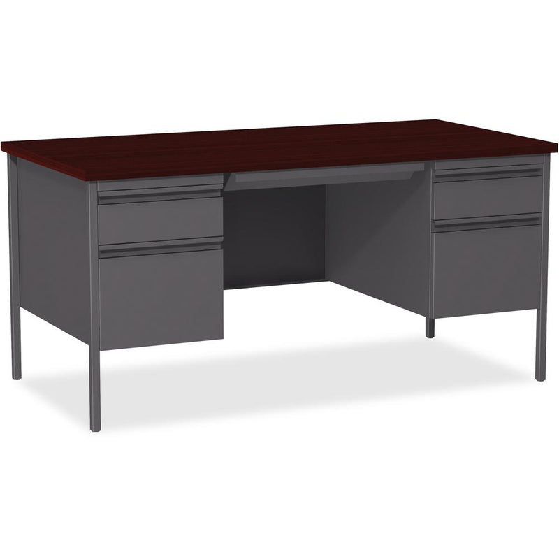 Lorell Fortress Series Double-Pedestal Desk - Rectangle Top - 60" Table Top Width x 30" Table Top Depth x 1.12" Table Top Thickness - 29.50" HeightAssembly Required - Laminated, Mahogany - Steel - 1 E