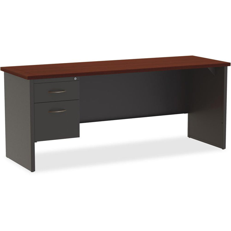 Lorell Fortress Modular Series Left-pedestal Credenza - 72" x 24" , 1.1" Top - 2 x Box, File Drawer(s) - Single Pedestal on Left Side - Material: Steel - Finish: Mahogany Laminate, Charcoal - Scratch