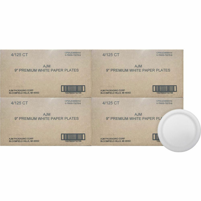 AJM 9  Dinnerware Paper Plates - 125 / Pack - Disposable - 9  Diameter - White - Paper Body - 4 / Carton