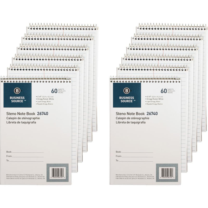 Business Source Steno Notebook - 60 Sheets - Wire Bound - Gregg Ruled Margin - 15 lb Basis Weight - 6  x 9  - White Paper - Stiff-back - 12 / Pack