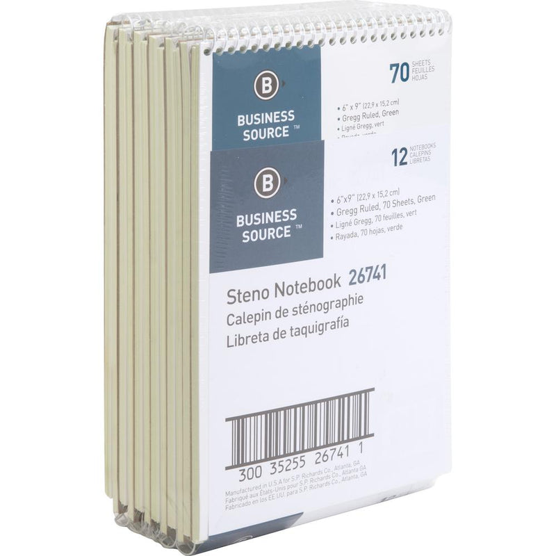 Business Source Steno Notebook - 70 Sheets - Wire Bound - Gregg Ruled Margin - 15 lb Basis Weight - 6  x 9  - Green Paper - Stiff-back - 12 / Pack