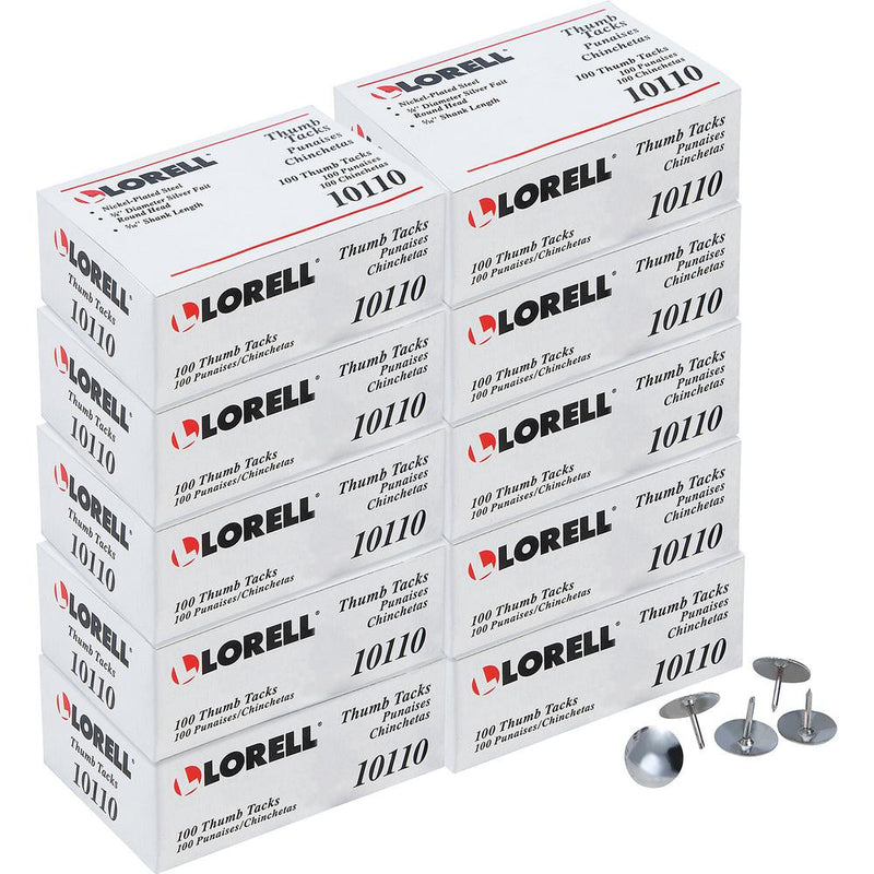 Lorell 5/16  Long Thumb Tacks - 0.31  Shank - 0.38  Head - for Schedule, Wall - 10 / Carton - Silver - Nickel Plated Steel