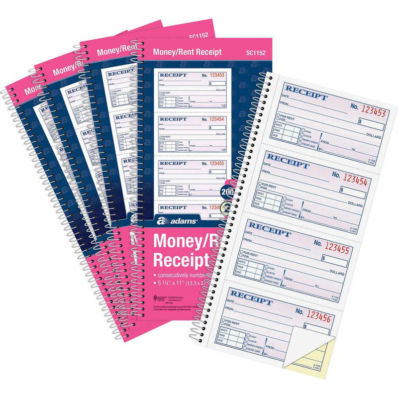 Adams Spiral 2-part Money/Rent Receipt Book - 200 Sheet(s) - Spiral Bound - 2 Part - 11  x 5.25  Form Size - White, Canary - Assorted Sheet(s) - 5 / Pack