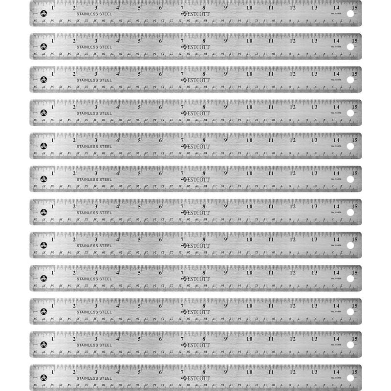 Westcott Stainless Steel Rulers - 15  Length 1  Width - 1/16, 1/32 Graduations - Metric, Imperial Measuring System - Stainless Steel - 12 / Box - Stainless Steel