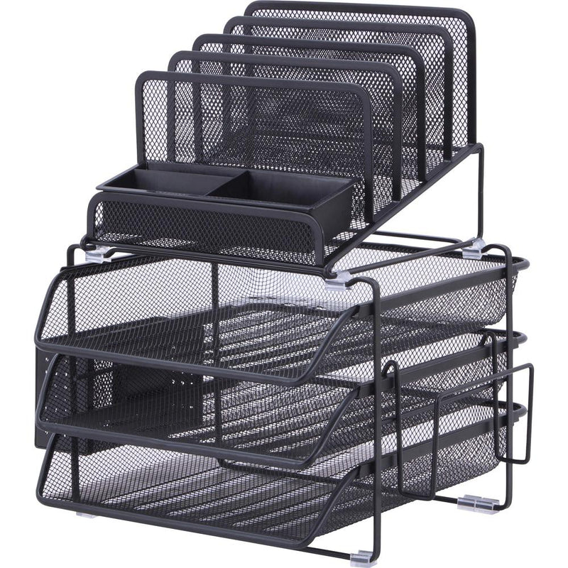 Lorell Divided 4-tier Desktop Organizer - 4 Tier(s) - 15.8  Height x 12.9  Width x 14.4  DepthDesktop - Black - Plastic, Mesh - 1 Each