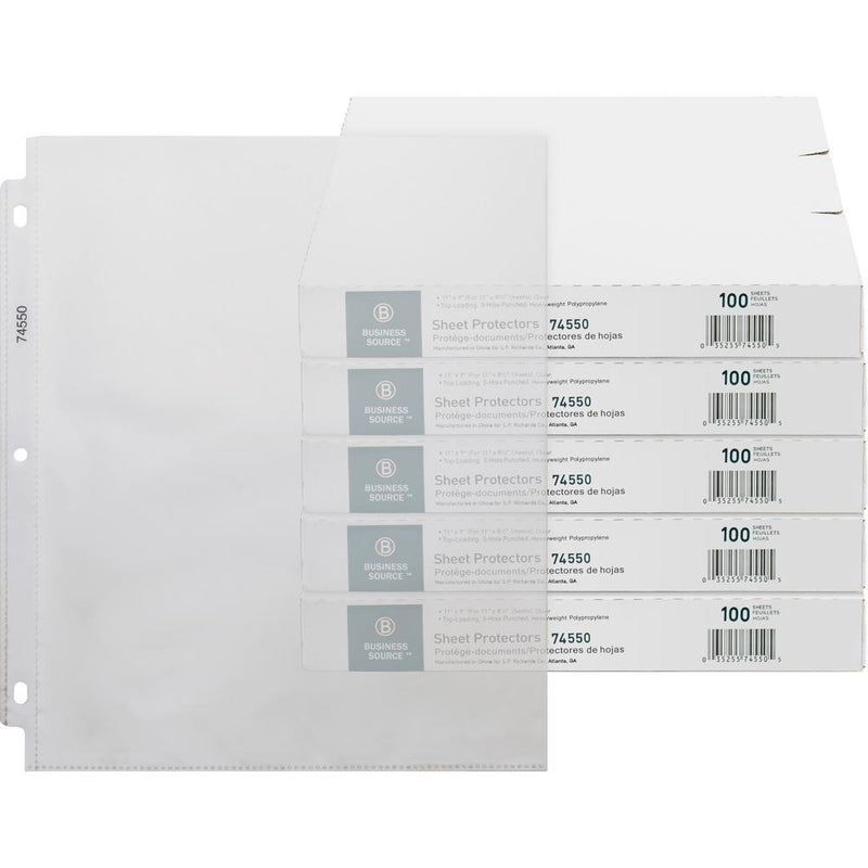 Business Source Top-Loading Poly Sheet Protectors - 3.2 mil Thickness - For Letter 8 1/2  x 11  Sheet - 3 x Holes - Ring Binder - Rectangular - Clear - Polypropylene - 500 / Carton