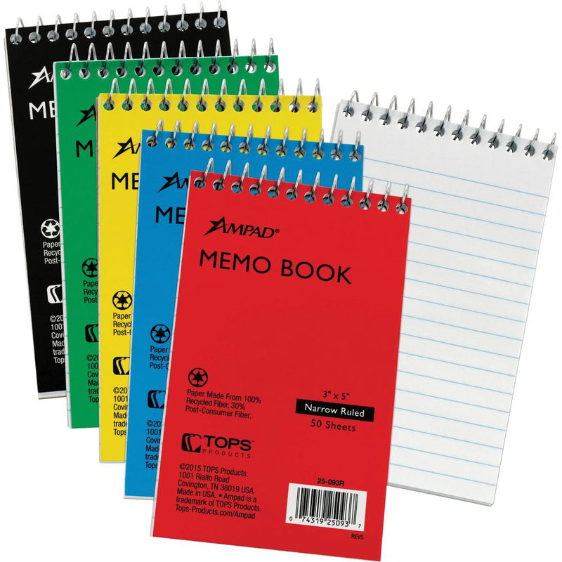 Ampad Topbound Memo Notebooks - 50 Sheets - Wire Bound - 3  x 5  - White Paper - AssortedPressboard Cover - Rigid, Mediumweight - Recycled - 5 / Bundle