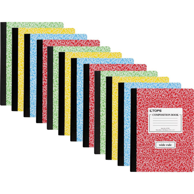 TOPS Wide Ruled Composition Books - 100 Sheets - 200 Pages - Sewn - Wide Ruled - Ruled Red Margin - 7 1/2  x 9 3/4  - White Paper - Assorted Marble Hardboard Cover - 12 / Carton