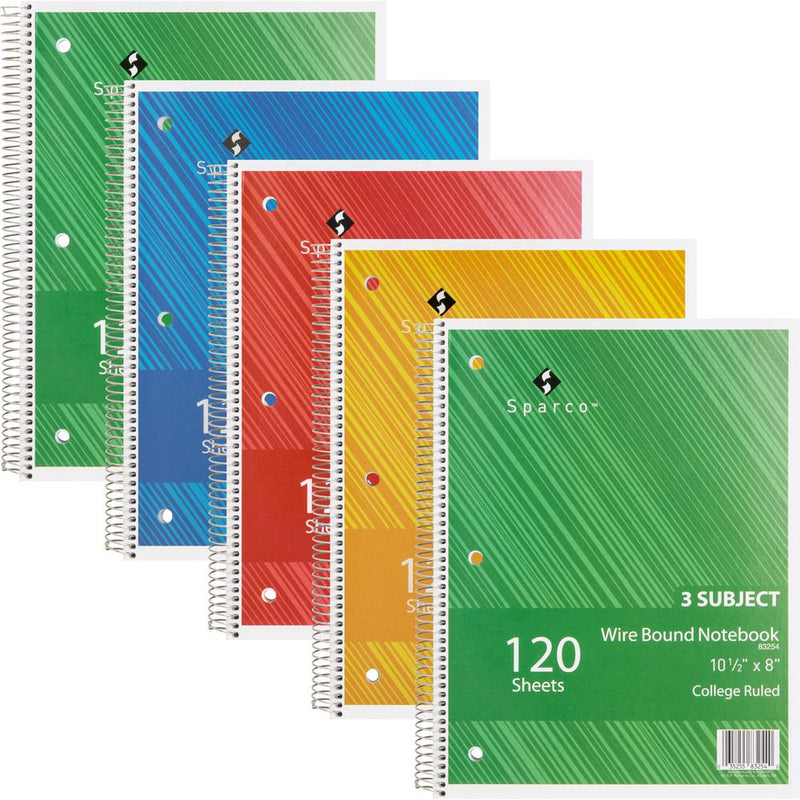 Sparco Wire Bound College Ruled Notebook - 120 Sheets - Wire Bound - College Ruled - Unruled Margin - 16 lb Basis Weight - 8  x 10 1/2  - Assorted Paper - AssortedChipboard Cover - Resist Bleed-throug