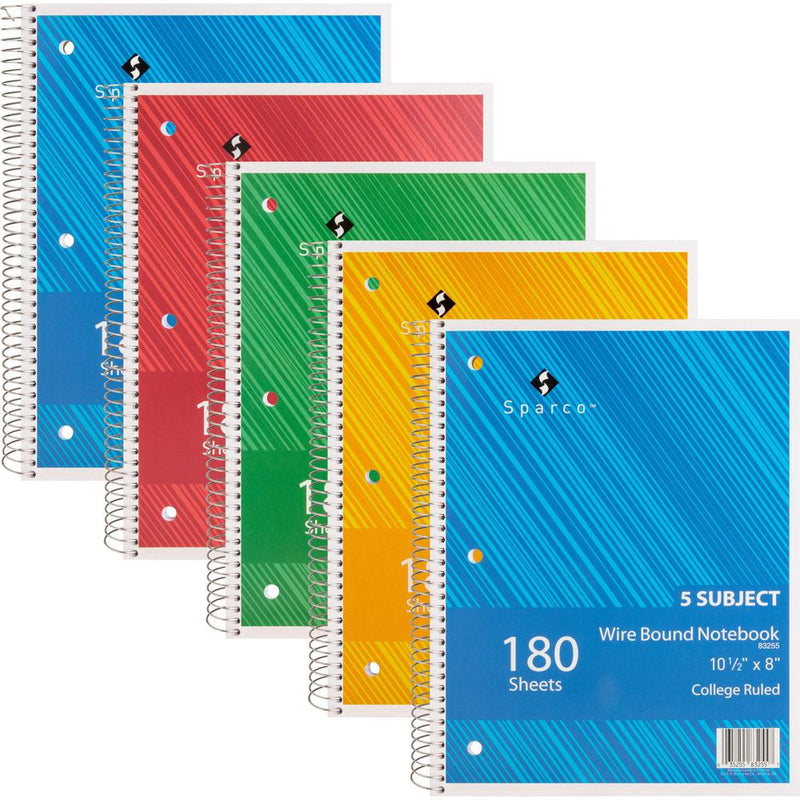 Sparco Wirebound College Ruled Notebooks - 180 Sheets - Wire Bound - College Ruled - Unruled Margin - 8  x 10 1/2  - Assorted Paper - AssortedChipboard Cover - Resist Bleed-through, Subject, Stiff-bac