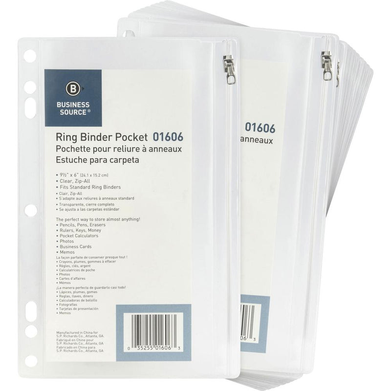 Business Source Punched Economy Binder Pocket - 9.5  Height x 6  Width - 7 x Holes - Ring Binder - Clear - Plastic - 24 / Box