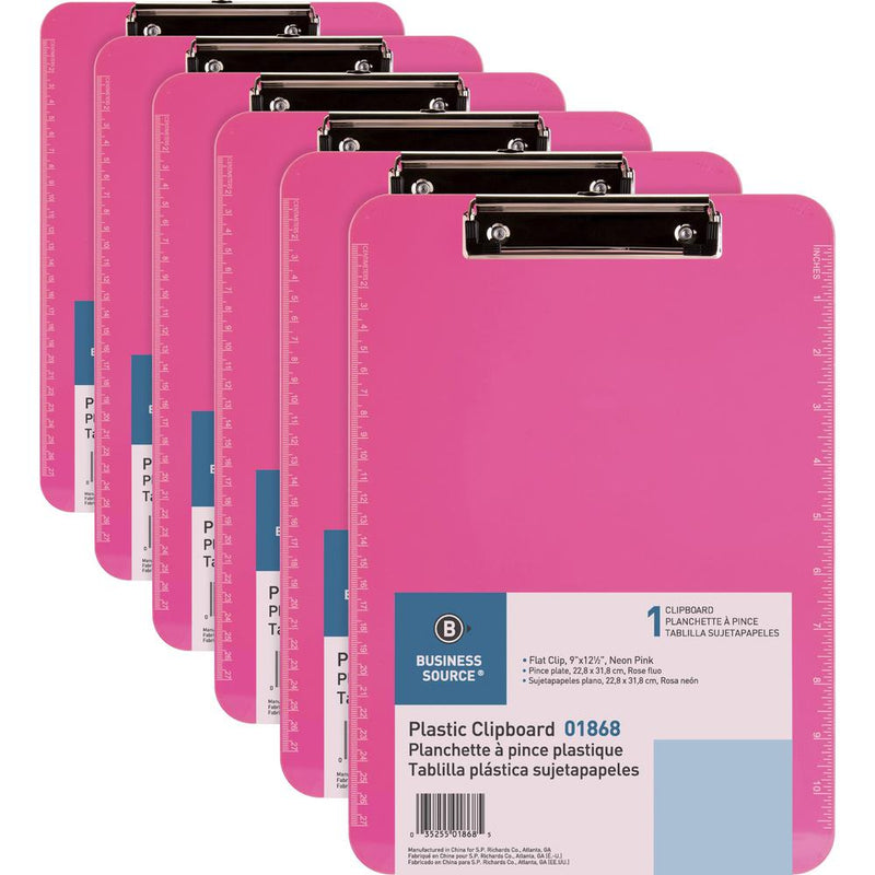 Business Source Flat Clip Clipboard - 9  x 12  - Plastic - Neon Pink - 6 / Bundle