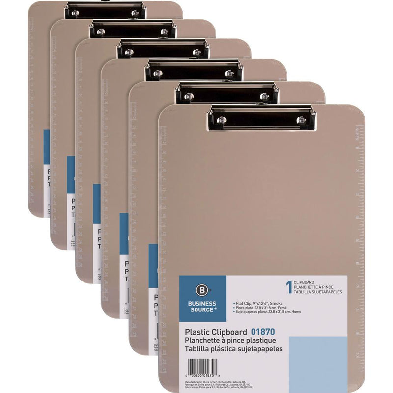 Business Source Flat Clip Plastic Clipboard - 9  x 12  - Plastic - Smoke - 6 / Bundle