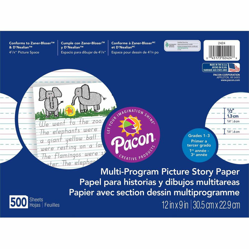 Pacon Multi-program Picture Story Paper - 0.50  Ruled - 4.25  Picture Story Space - Unruled Margin - 12  x 9  - AssortedChipboard Cover - Hard Cover - 500 / Ream