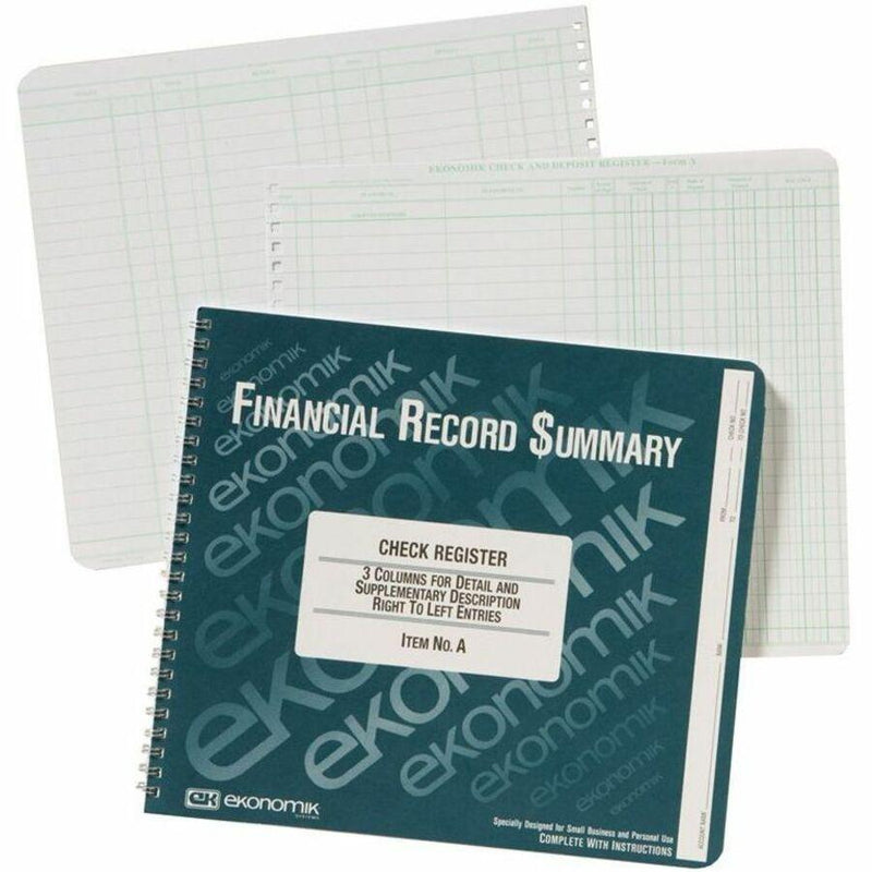 Ekonomik Check / Deposit Register - 40 Sheet(s) - Wire Bound - 10  x 8.75  Sheet Size - White Sheet(s) - Green Print Color - Recycled - 1 Each