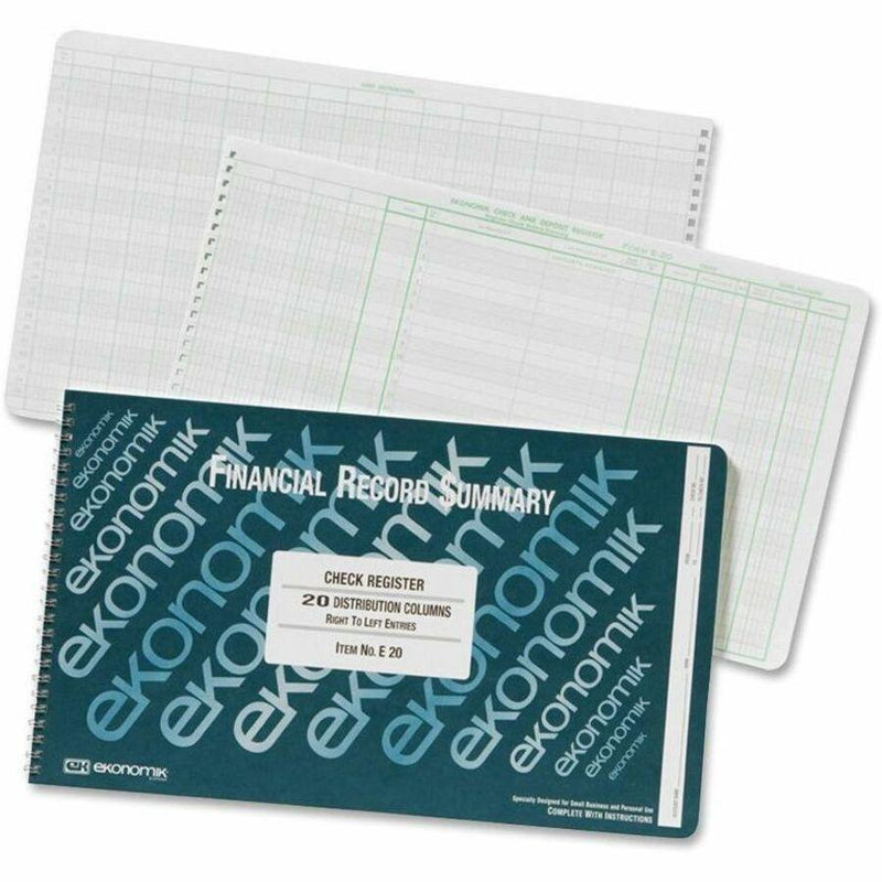 Ekonomik Financial Record Summary Check Register - 40 Sheet(s) - Wire Bound - 14.75  x 8.75  Sheet Size - 20 Columns per Sheet - White Sheet(s) - Green Print Color - Recycled - 1 Each