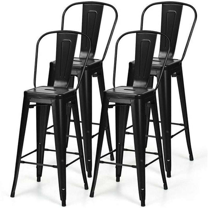 Set of 4 Black 30 Height High Back Metal Industrial Bar Stools