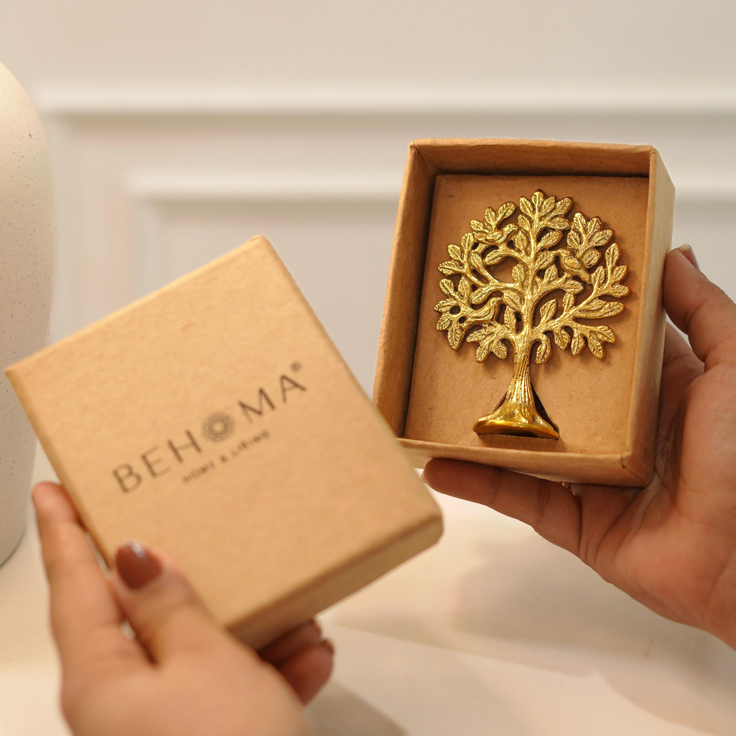 BEHOMA 100% Pure Brass Kalpvriksh Tree with Birds Good Luck Gift 8.5 cm